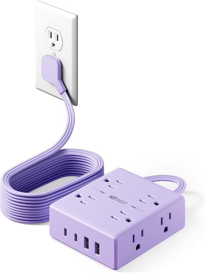 Purple Extension Cord 10Ft, Flat Plug Surge Protector Power Strip Kawaii, 8 Outlets & 4 USB Ports (2 USB C), Cute Stuff Purple Room Decor, Lavender Office Desk Accessories for Girls