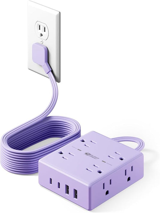 Purple Extension Cord 10Ft, Flat Plug Surge Protector Power Strip Kawaii, 8 Outlets & 4 USB Ports (2 USB C), Cute Stuff Purple Room Decor, Lavender Office Desk Accessories for Girls