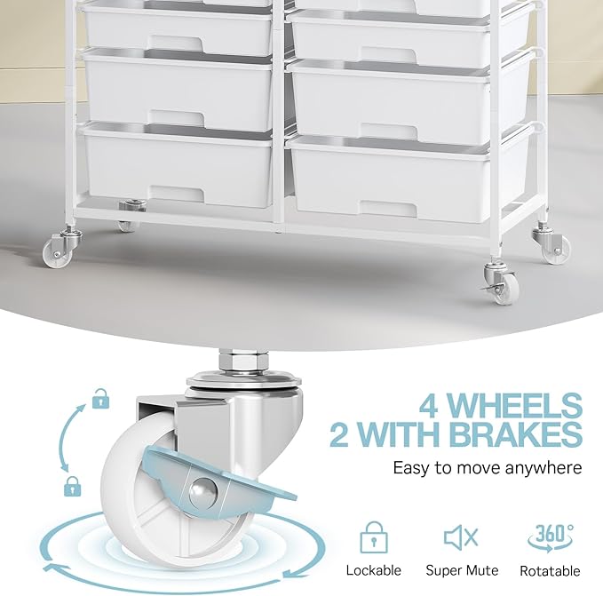 Rolling Storage Cart with 12 Drawers, Wooden Tabletop Utility Cart for Craft Storage, Art Supply Storage & Home Office Organization, Teacher Cart with Wheels for Classroom, School (White)