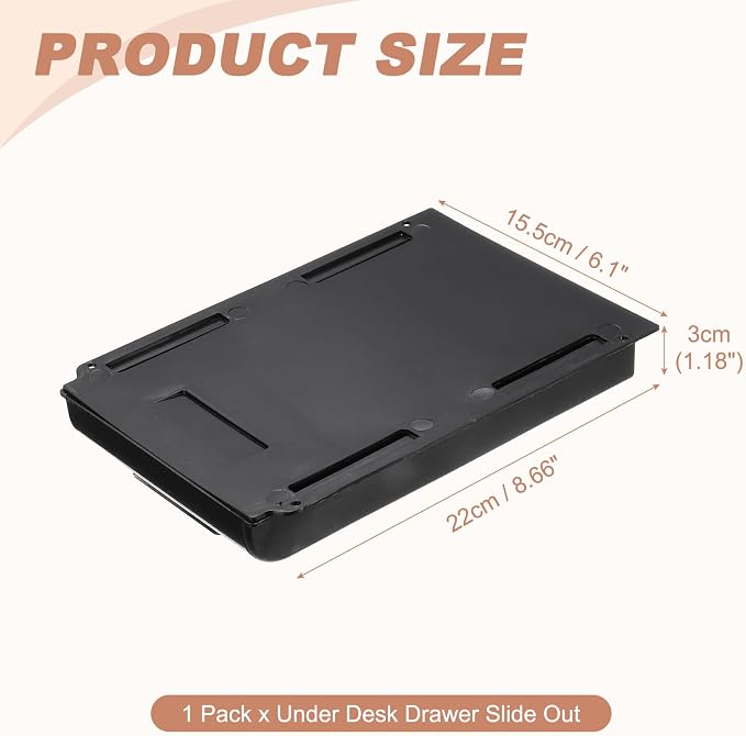 PATIKIL Under Desk Drawer Slide Out, 8.66 x 6.1" Plastic Table Storage Drawers Slide Out Storage Box for Laptop Study Desks Dining Dressing Tables Wardrobes Cabinets, Black