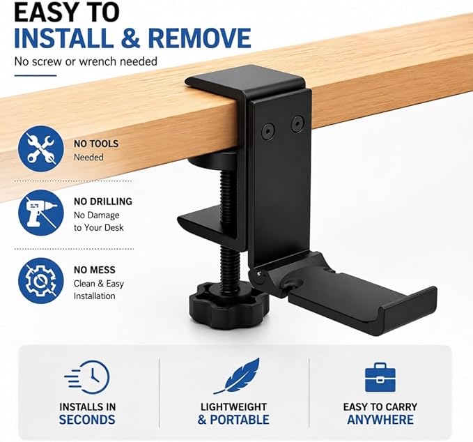 Aluminium Headphone Stand Hanger Under Desk, Foldable Headset Holder with Cable Organizer, Adjustable Clamp-On Headphone Hook, Non-Slip Desk Mount for Gaming Headphones, Bags & Accessories
