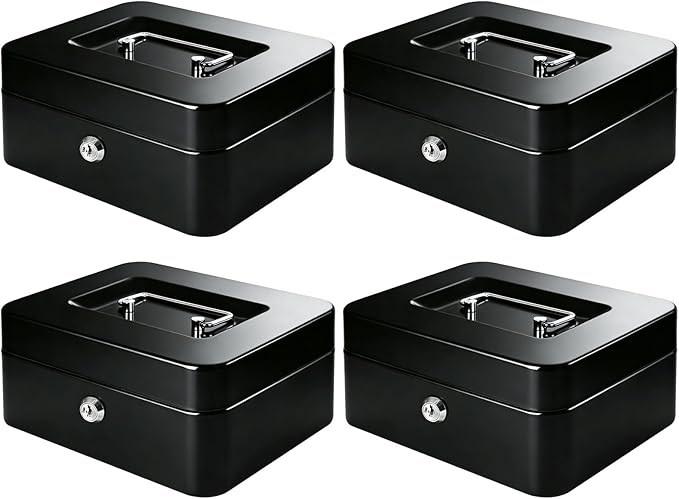 KYODOLED Metal Cash Box with Key Lock & Money Tray - Secure Safe for Home, Office & Events, Ideal for Cash, Meds & Small Items, 7.87" x 6.30" x 3.35", Black, 4 Pack