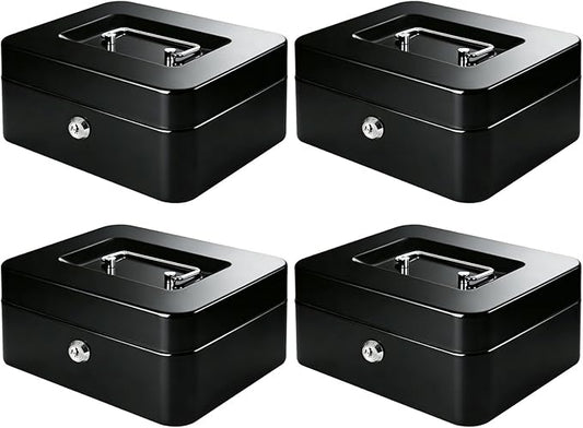 KYODOLED Metal Cash Box with Key Lock & Money Tray - Secure Safe for Home, Office & Events, Ideal for Cash, Meds & Small Items, 7.87" x 6.30" x 3.35", Black, 4 Pack