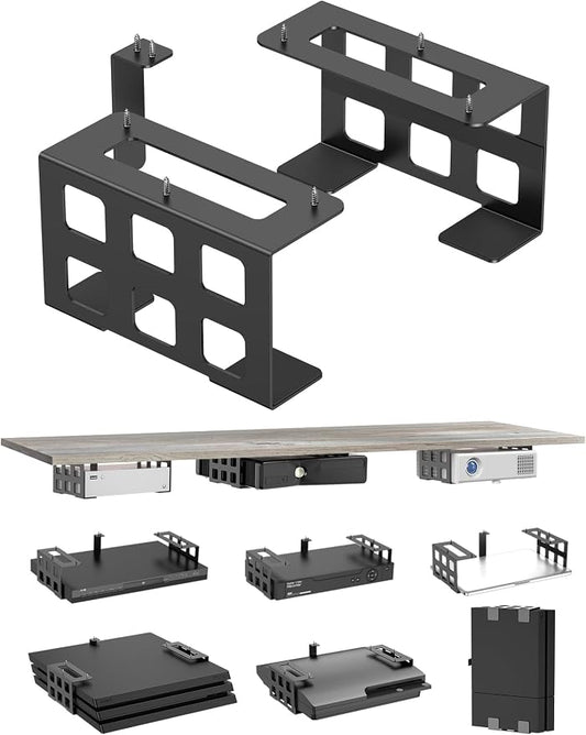 Universal Under Desk Mount Holder for Game Console, Media Players, Audio Interface, Mini Pc, UPS System, Projector Ceiling Mount Fit for Any Other 0.6" to 3.5" Thick Devices (Black)
