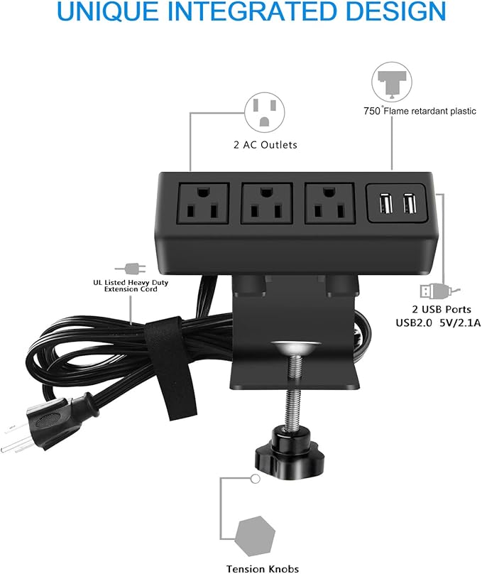 CCCEI 3 Outlet Desk Clamp Power Strip with USB Ports, Desktop Power Strip Surge Protector 1200J. Table Mount Charging Power Station, on Edge Power Outlet 125V 12A 1500W.