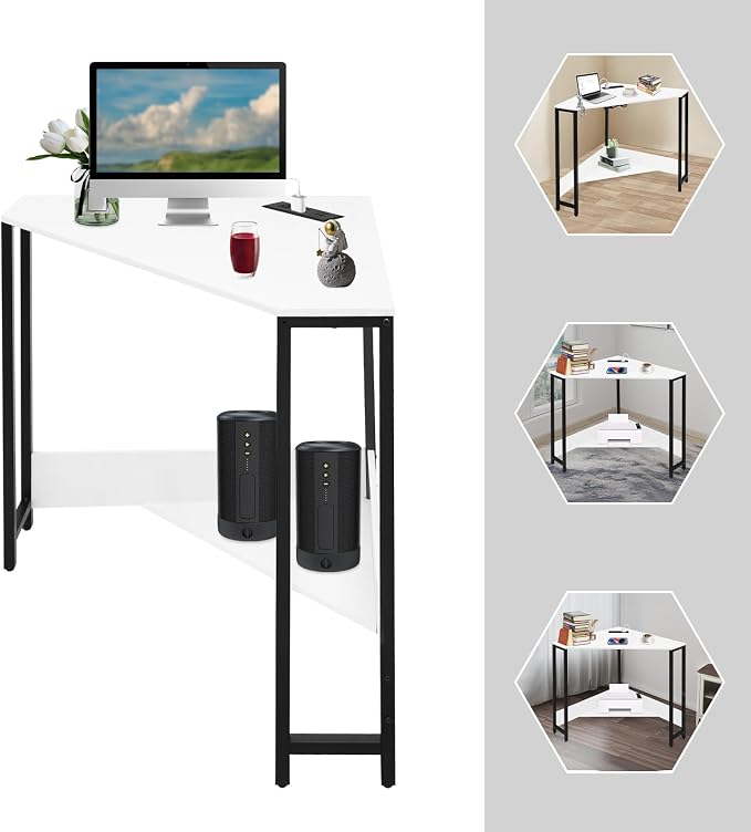Corner Desk with Storage Shelves,Adjustable Shelf Corner Desk - Triangle Writing Desk with Maximized Storage for Efficient Use of Space (White)