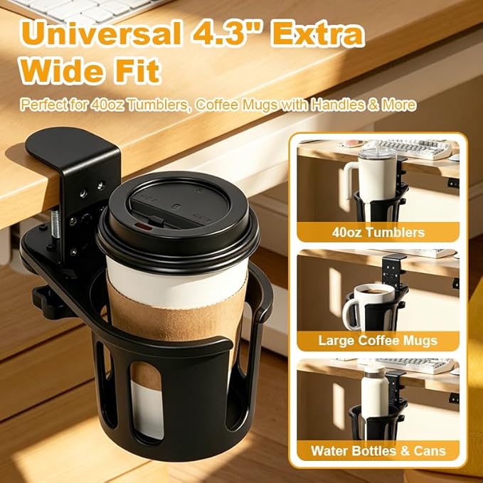 Deep Cup Holder Desk Clamp, Anti-Spill Clip On Table Drink Holder for 40oz Mug & Water Bottle, 3.15" Large Metal Mount Attachment, 360° Rotating Gaming Desk Accessories