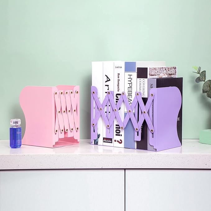 Aobopar Book Ends, Bookends for Shelves, Book Organizer for Desk, Metal Bookends for Heavy Books, Book Holders for Shelves, Suitable for Office, Home and School Use (Pink)