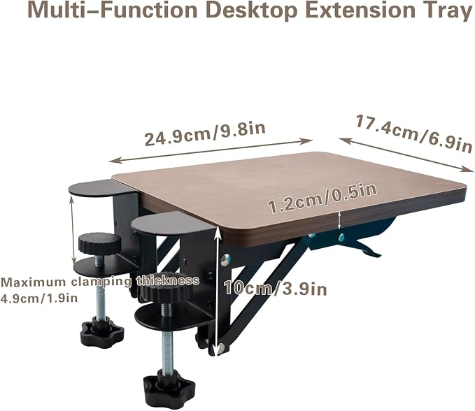 Ergonomic Desk Extender Tray, 9.8 x 6.9 Inch Clamp on Table Mount Arm Wrist Rest Shelf, 90° Foldable Mouse Support, Computer Elbow Arm Support for Office Cubicles, Home Study (Walnut)