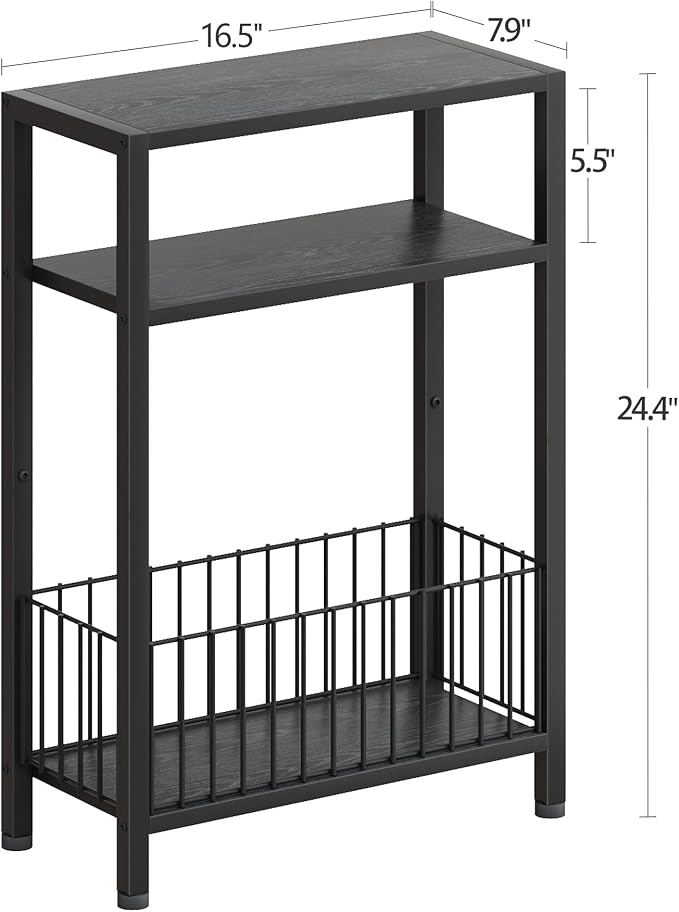 TRIFEBLE Narrow Side Table with Storage Basket, Small End Table for Small Spaces, Slim Sofa Table for Living Room, 3 Tier Bedside Table for Bedroom, Black