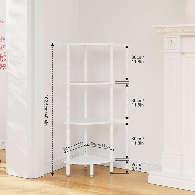 IBUYKE 4-Tier Corner Shelf,Stylish Corner Bookshelf for Small Spaces,Industrial Corner Storage Display Shelves,Small Corner Table for Bedroom,Bathroom,Kitchen, White WBC019W