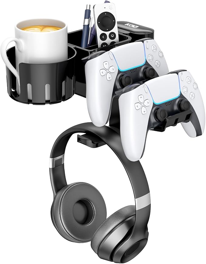 KDD 5 in 1 Desk Controller Holder - Rotating Headphone Hanger with Cup Holder - Clamp On Desk Organizer Holds Controller, Headphone, Cup, Mobile Phone and Pen(Black)