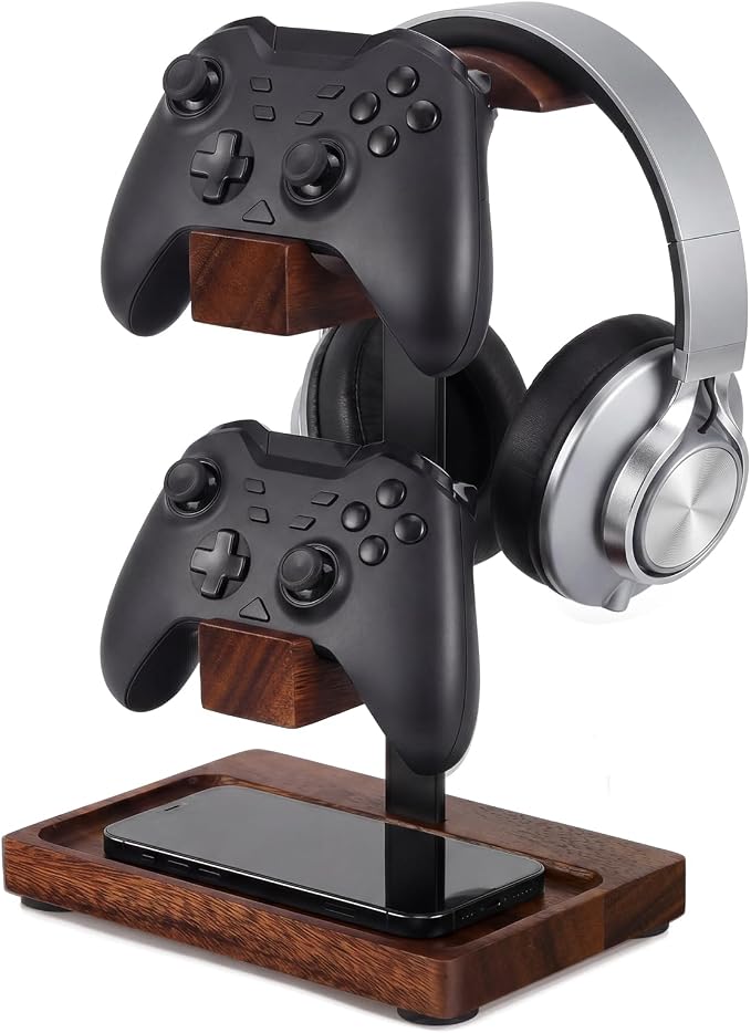 Headphone Stand with Controller Holder, Gaming Headset Stand for Desk, Walnut Headphone Holder Desk Organizer Gaming Accessories Gift for Gamers(Deep Walnut)