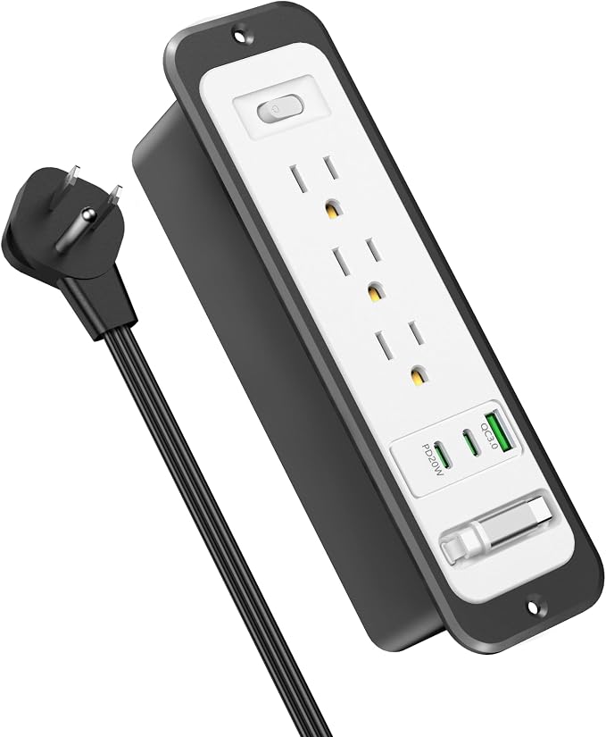 Recessed Power Strip with Retractable USB C Cable,2 PD 20W USB C,Flush Mount Countertop Drawer Outlet, Furniture Hidden Outlet for Side Table,End Table,3 Outlets (White and Black, 6FT-20W)