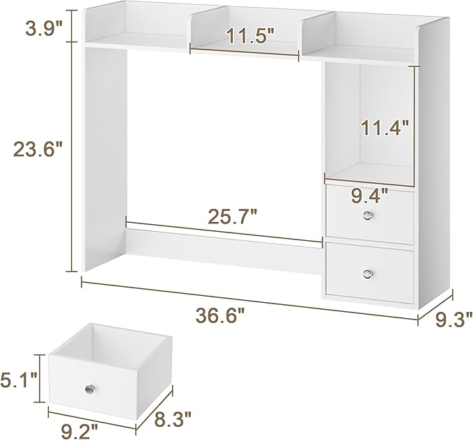 ChooChoo Desktop Bookshelf with LED Lights, 36.6" Dorm Desk Hutch with 4 Shelves and 2 Drawers, Fits 27" Monitor, Desk Organizer Shelf for Dorm Office Home, White