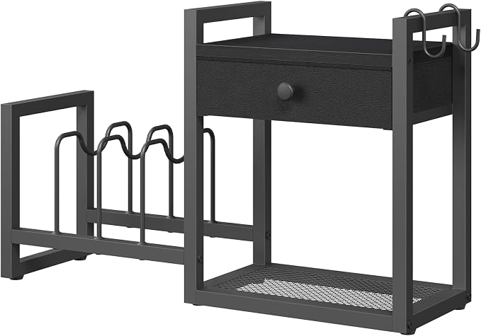 MAHANCRIS Desktop Shelf Organizer, 2-Tier Wooden Desk Bookshelf, Small Tabletop Book Shelf with Draw and Hooks, Countertop Storage Rack for Home, Office, Dorm, Black POBK2201