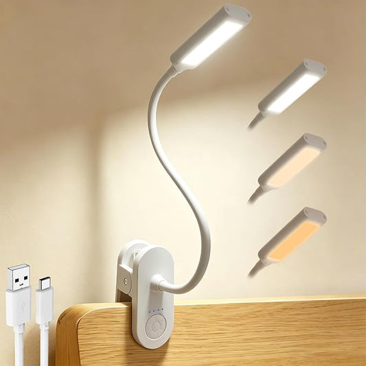 Clip on Light, Desk Lamp with Clamp, LED Reading Light with 3500mAh Rechargeable Battery, 3 Color Modes, 10 Brightness Levels, Adjustable Neck, Cordless Clip on Lamp for Bed, Home Office, Craft(White)