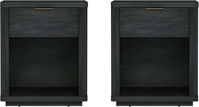 Manhattan Comfort Evelyn Nightstands Set of 2 with Full Extension Drawer and Open Shelf – Modern Bedroom Night Stand or Living Room Side Tables with Storage – Easy Assembly, Charcoal Grey