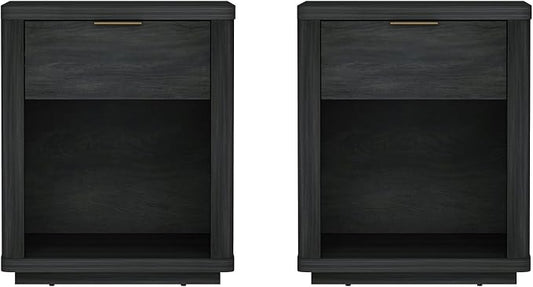 Manhattan Comfort Evelyn Nightstands Set of 2 with Full Extension Drawer and Open Shelf – Modern Bedroom Night Stand or Living Room Side Tables with Storage – Easy Assembly, Charcoal Grey
