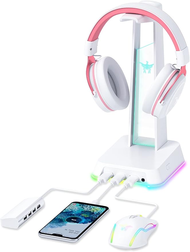 PHNIXGAM RGB Headphone Stand with 3.5mm AUX and 3 Port USB 2.0 Hub, Universal Gaming Headset Hanger Holder for Computer Gaming Gamer Accessories (White)