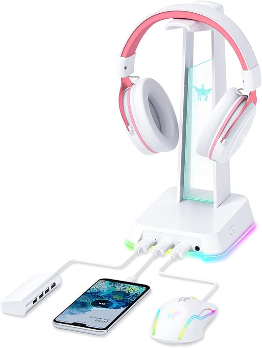 PHNIXGAM RGB Headphone Stand with 3.5mm AUX and 3 Port USB 2.0 Hub, Universal Gaming Headset Hanger Holder for Computer Gaming Gamer Accessories (White)