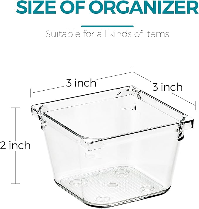 6 Pack Drawer Organizer - 3" X 3" Clear Acrylic Storage Bins with Non-Slip Pads, Versatile Desk Tray for Makeup, Jewelry, Kitchen, Bathroom, and Office Organization
