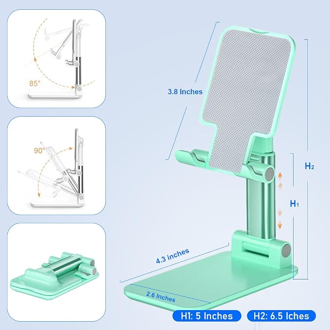 Phone Stand for Desk, Cell Phone Holder Cute Smart Cellphone Stand Foldable Stands Compatible with Under 8" Devices, Office Accessories, White-Green