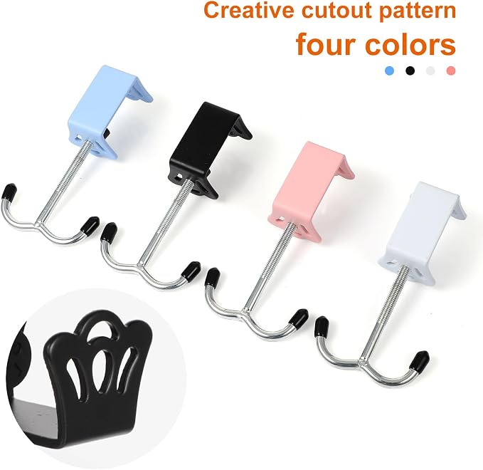4 Pack Adjustable Purse Hooks for Table & Desk, Double-Hooks Heavy-Duty Backpack Hanger 100lb Capacity High-Strength Metal Bag Holder Space-Saving Desk Organizer for Handbag Headphone Umbrellas