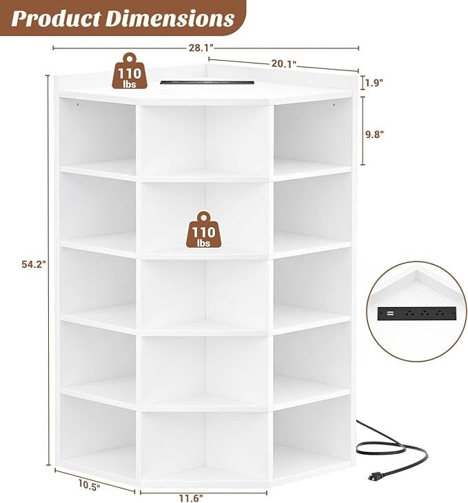 Aheaplus 6-Tier Corner Cube Bookshelf with Power Outlets, Wooden Corner Storage Cabinet with 15 Cubes, Corner Cube Organizer Shelf with Top Table, L Shaped Cubby Bookcase for Home Office, White