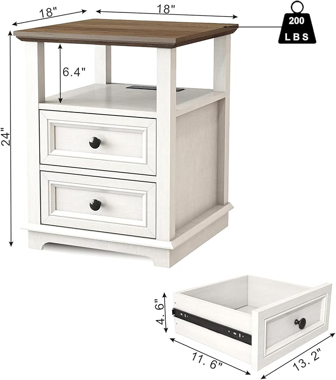 REDAYFUR End Table with Fast USB C Charging Station, 18" Wide Tall Sofa Side Table with 2 Drawers, Large Storage Rustic Wood Square Storage Cabinet for Living Room,Bedroom,Office, White