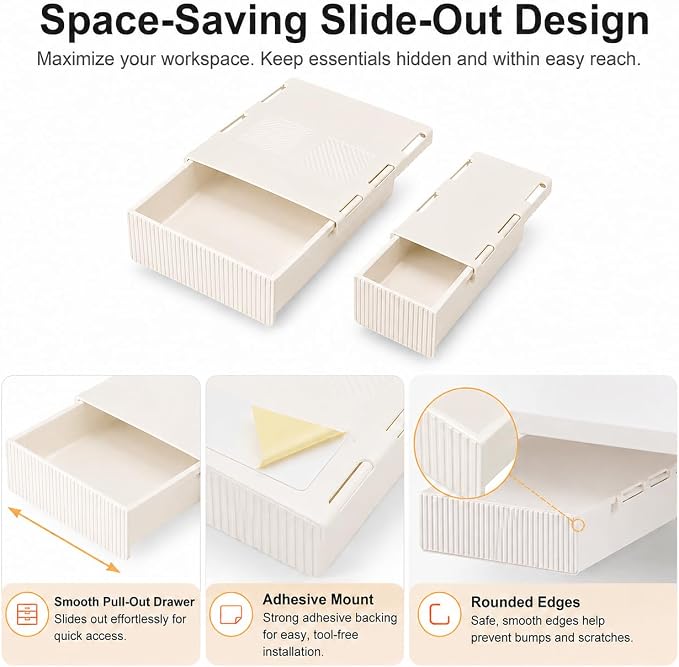 YOOUSOO Under Desk Drawer Organizer, 2 Pack Self Adhesive Slide Out Desk Storage Drawers, Hidden Desk Drawer Attachment for Pens, Notes, Earbuds, Cables and Small Office Accessories, White