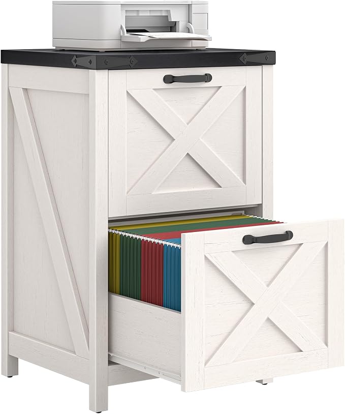 Halitaa 2 Drawer Small File Cabinet, Farmhouse Vertical Filing Cabinet Fits Letter and A4 Size, Under Desk Wooden File Cabinets for Home Office, Printer Stand, White and Black