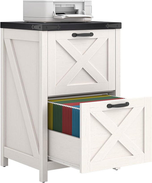Halitaa 2 Drawer Small File Cabinet, Farmhouse Vertical Filing Cabinet Fits Letter and A4 Size, Under Desk Wooden File Cabinets for Home Office, Printer Stand, White and Black