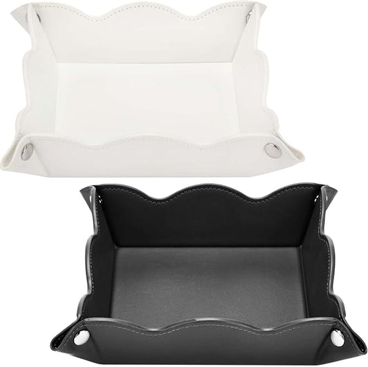 Valet Tray for Men Women 2 Pack - PU Leather Travel Catchall Tray Organizer - Desk Bedside Nightstand Storage Box for Jewelry Key Phone Remote Controller Wallet Readers -White and Black