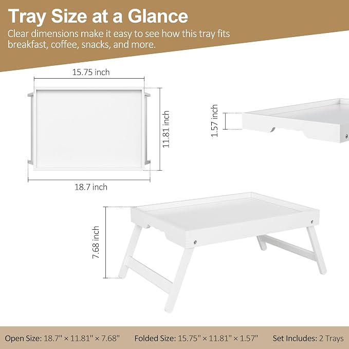Breakfast Tray with Folding Legs Set of 2, Bamboo Bed Tray Table 15.7" Foldable TV Dinner Tray with Ergonomic Wave Handles for Bed Couch Sofa, Breakfast, Snacks, Coffee, White