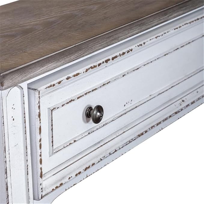 BOWERY HILL 72-Inch Console Table, Poplar Solids with White Oak and Birch Veneers, Antique White Finish, Weathered Brown Whitewash Top, 3 Drawers, Bottom Shelf, Traditional Hall Table for Storage