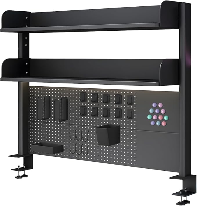 Clamp on Desk Organizer Shelf with Pegboard, Multipurpose Countertop Hutch Bookshelf, Desktop Bookshelf Storage Shelves for Home Office Dorm Gaming Desk,Black (39.4in)