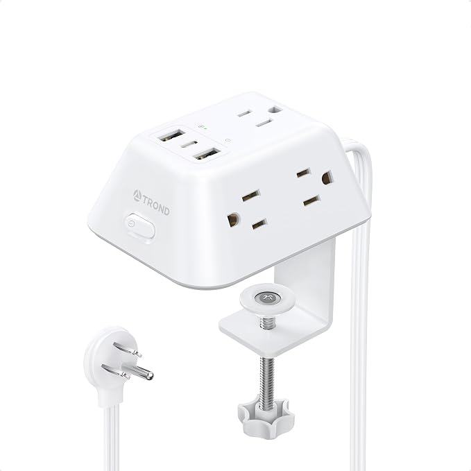 Desk Clamp Power Strip, Surge Protector with 5 AC Outlets and 3 USB Ports, Desk Mount Charging Station, Fit 1.97in Tabletop Edge Thick, 6FT Extension Cord, for Home Office Gaming Accessories, White