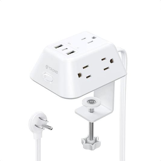 Desk Clamp Power Strip, Surge Protector with 5 AC Outlets and 3 USB Ports, Desk Mount Charging Station, Fit 1.97in Tabletop Edge Thick, 6FT Extension Cord, for Home Office Gaming Accessories, White