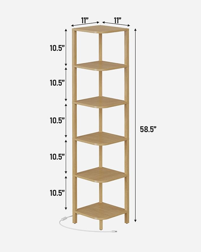 TUTOTAK Corner Shelf with LED Light, 6-Tier Corner Bookshelf for Small Space, Narrow Display Corner Shelf Stand with Storage Rack, for Living Room, Bedroom, Natural BS08BN006L