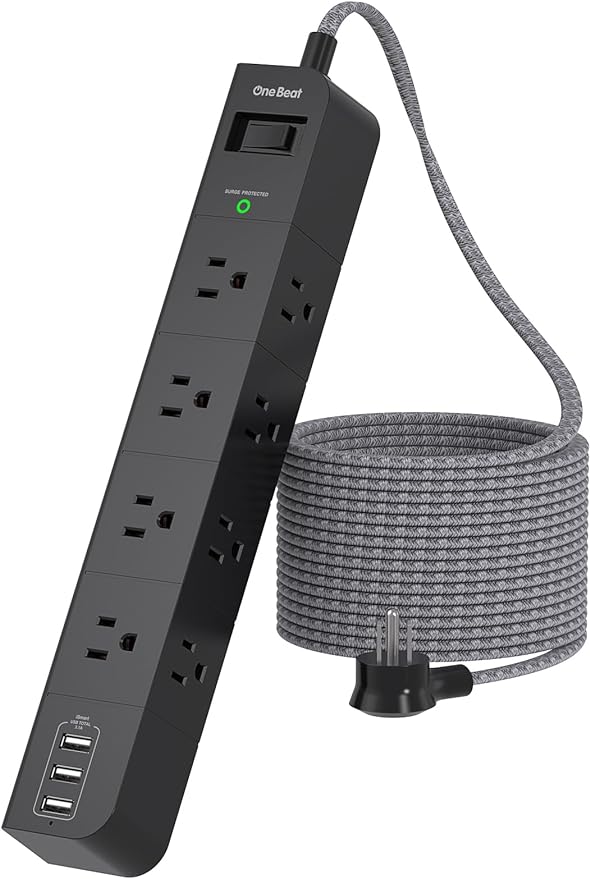 10 ft Surge Protector Power Strip, Flat Plug Extension Cord with 8 Widely Spaced AC Outlets and 3 USB Ports, ETL Listed Desktop Charging Station for Home Office Travel Computer Wall Mount, Black
