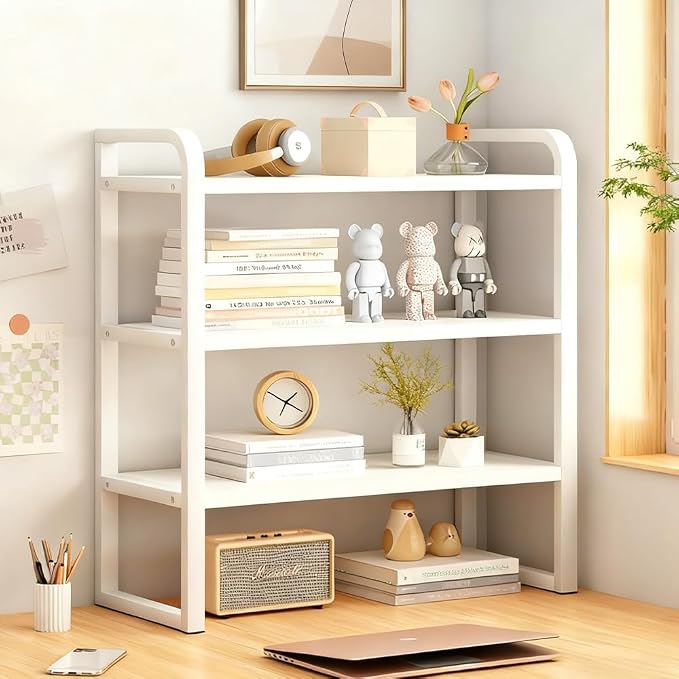 Office Desk Shelf Organizer, Wood Desktop Bookshelf Supplies Storage Rack, Shelf for Top of Desk and Dresser and Cubicle Decor Aesthetic Bookshelf (White White-three Tier, 11.81 Lx7.87 Wx22.05 H)