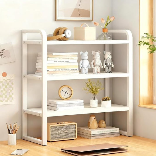 Office Desk Shelf Organizer, Wood Desktop Bookshelf Supplies Storage Rack, Shelf for Top of Desk and Dresser and Cubicle Decor Aesthetic Bookshelf (White White-three Tier, 11.81 Lx7.87 Wx22.05 H)