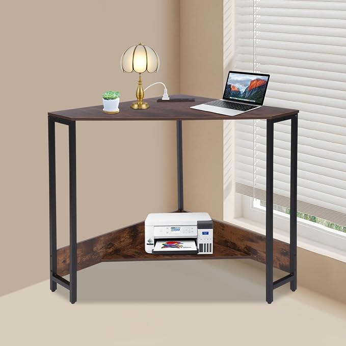 Corner Desk with Outlets and USB Ports, 26.77x26.77x29.53in Triangle Desk with Storage for Home Office, Workstation, Living Room, Bedroom, Small Space (Brown)