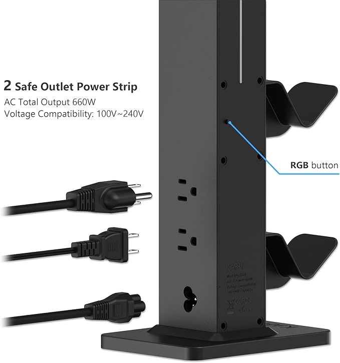 KAFRI RGB Gaming Headphone Stand with Controller Holder, Desk Organizer with Retractable Charger Cable, 2 AC Outlets & 4 Type-C Charging Ports, PC Gaming Accessories for Headset & Controller (Black)