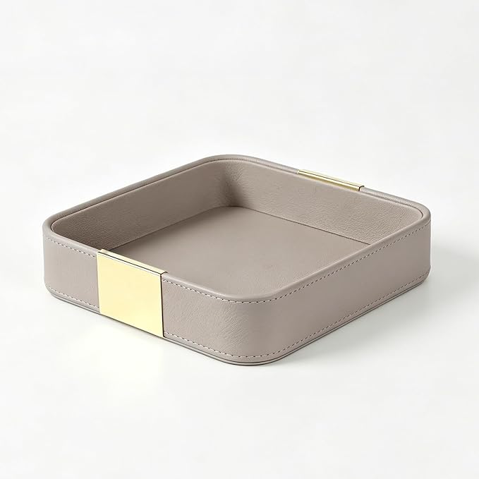 SANZIE Luxury Leather Desktop Storage Small Catchall Organizer Decorative Tray for Entryway Table to Hold Jewelry Watch Cosmetics Keys Phone Wallet, Home & Office Accessories (Metal Gilded, Grey)