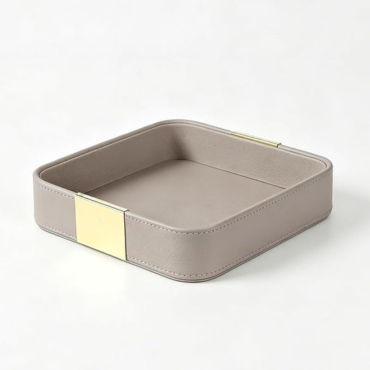 SANZIE Luxury Leather Desktop Storage Small Catchall Organizer Decorative Tray for Entryway Table to Hold Jewelry Watch Cosmetics Keys Phone Wallet, Home & Office Accessories (Metal Gilded, Grey)