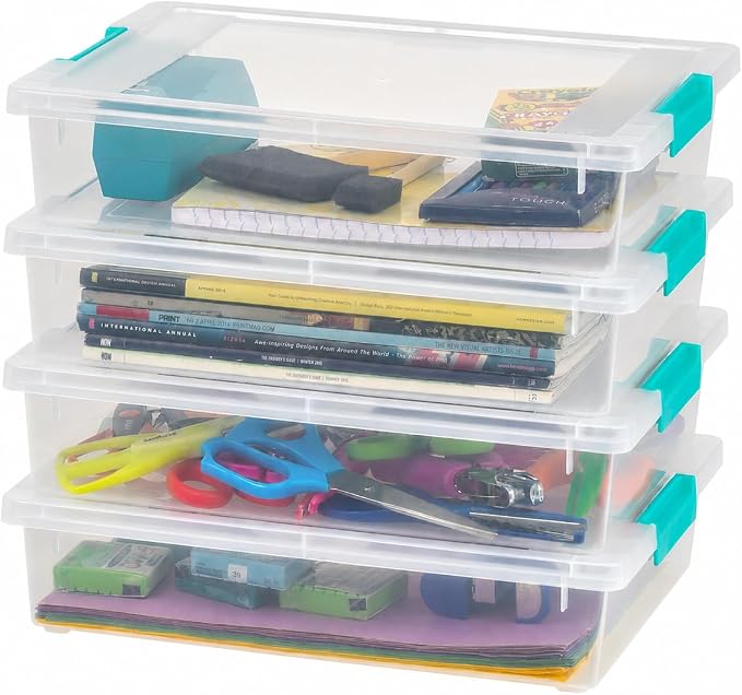 IRIS USA 6 Qt. Craft Storage Bins with Lids, 4-Pack, |Made in USA|, Clip Box, Small Plastic Sensory Bin Tote Organizer Containers for Art Supplies, Paper, & Office, Stackable - Clear/Seafoam Blue