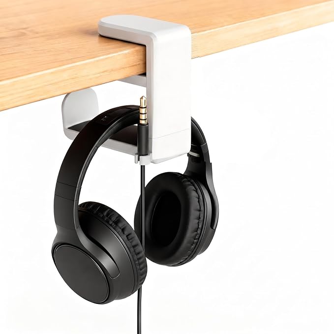 Universal Headphone Stand & Headset Holder - 360° Swivel Under Desk Headphone Hook with Cable Management Clip (White)