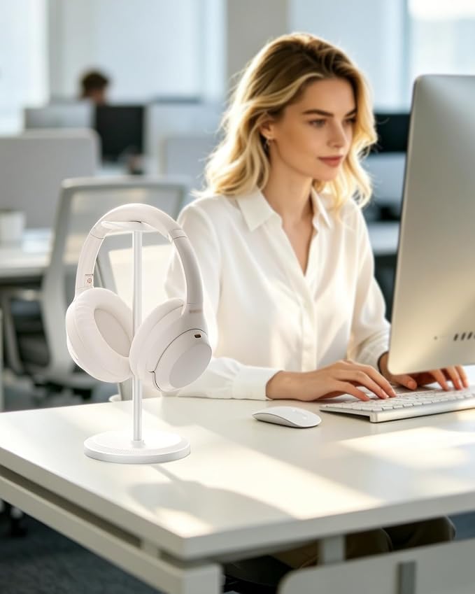 Headphone Stand, Desktop Headset Holder, White | Earphone Stand, Gaming Headphone Hanger, Enlarged Headrest Heavy Base, Office Desk Accessories for All Headphones Size